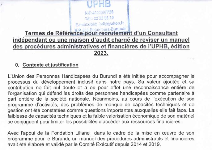 Termes de Références pour le  recrutement d’un Consultant  indépendant ou une maison d’audit chargée de réviser un manuel des procédures administratives  et financières de l’UPHB, Edition 2023.