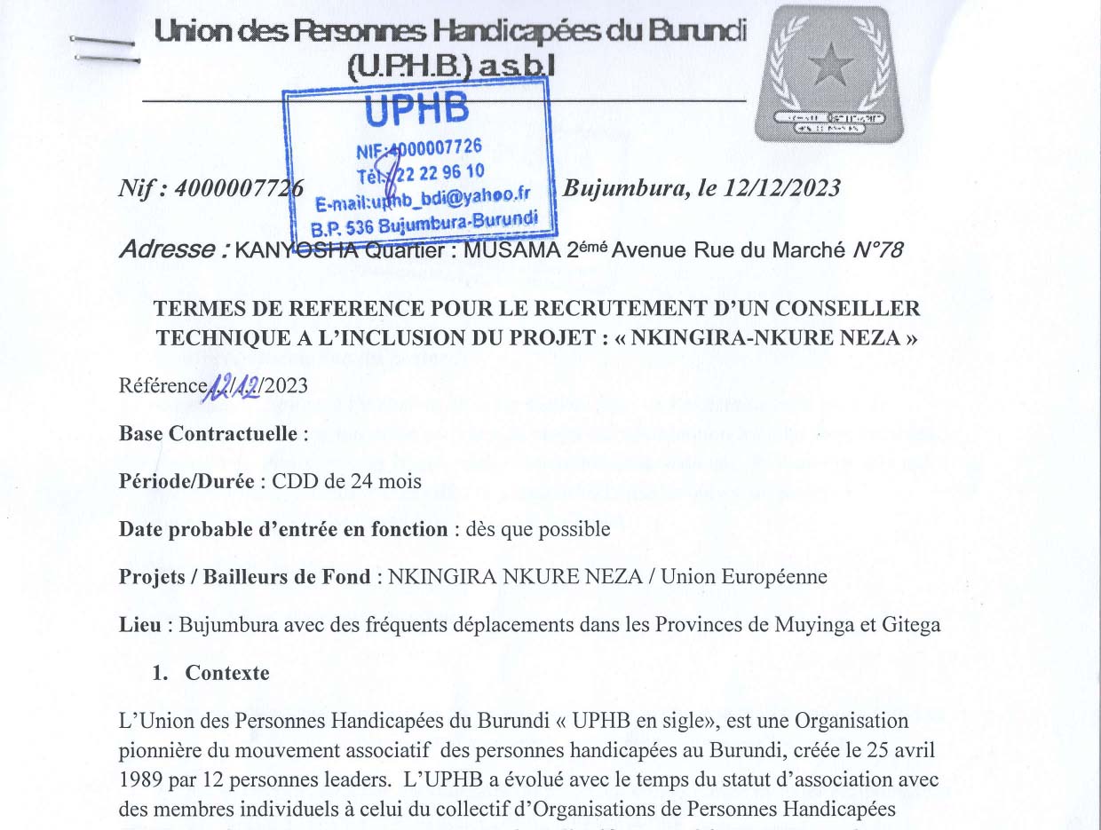 Avis de recrutement d'un Conseiller Technique à l’inclusion du projet : « NKINGIRA NKURE NEZA »